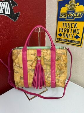 Alviero Martini World Map Tote with Pink Trim and Tassel